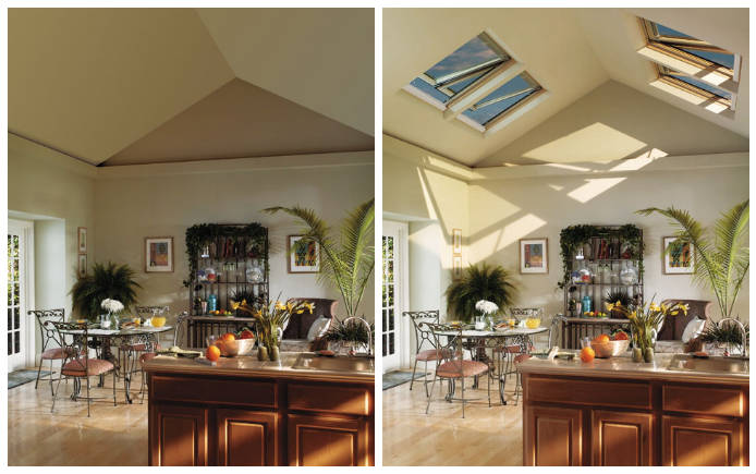 Valuted ceiling before and after of skylights installed